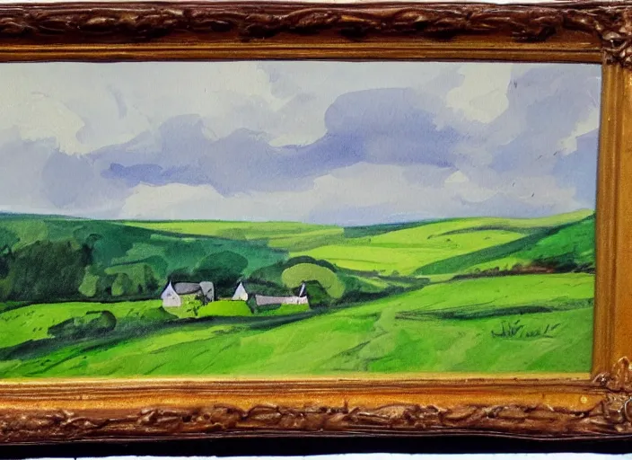 Image similar to landscape of british countryside, summer time, in gouache plein air art style