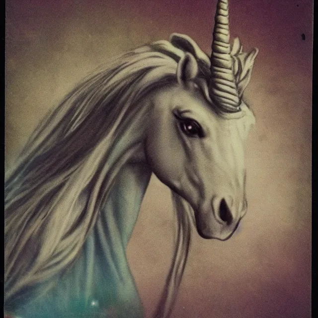 Prompt: mythical unicorn, vintage polaroid