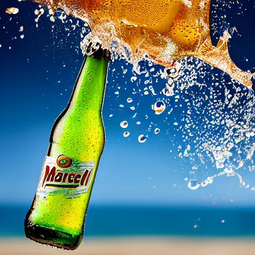 Image similar to a photo of a bottle of beer, product photo, splashes of liquid, beach background with young people having fun, energetic, delicate by marcel christ