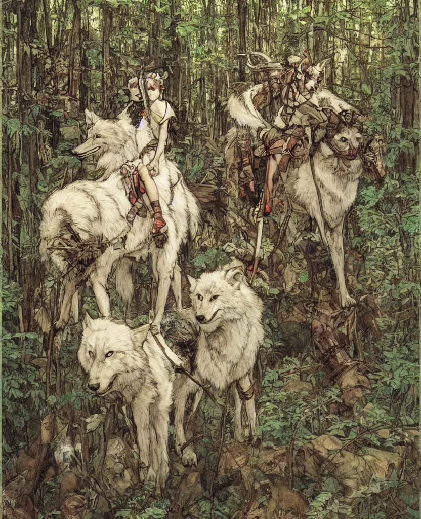 Image similar to portrait of Princess Mononoke, wolves, fully clothed in armor, lush forest, neon, concept art, schematics, painted by norman rockwell, mucha, james gurney, high detail, denoised, sharp, architectural