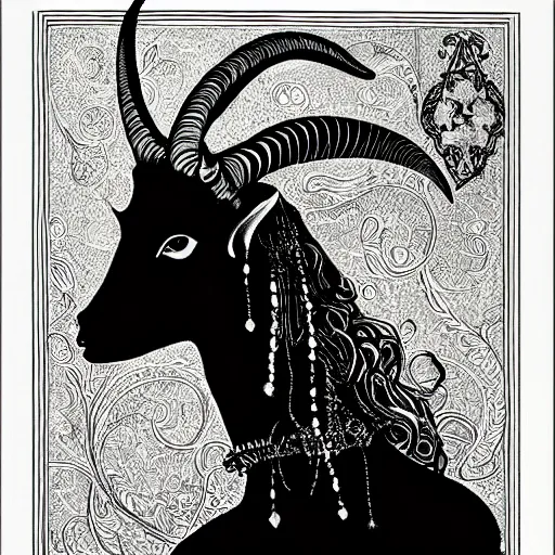 Image similar to filigree detailed illustration portrait of a profile of gypsy half - girl half - goat with long curly hair and big goat horns on her head, aubrey beardsley, makoto shinkai, greek graphics