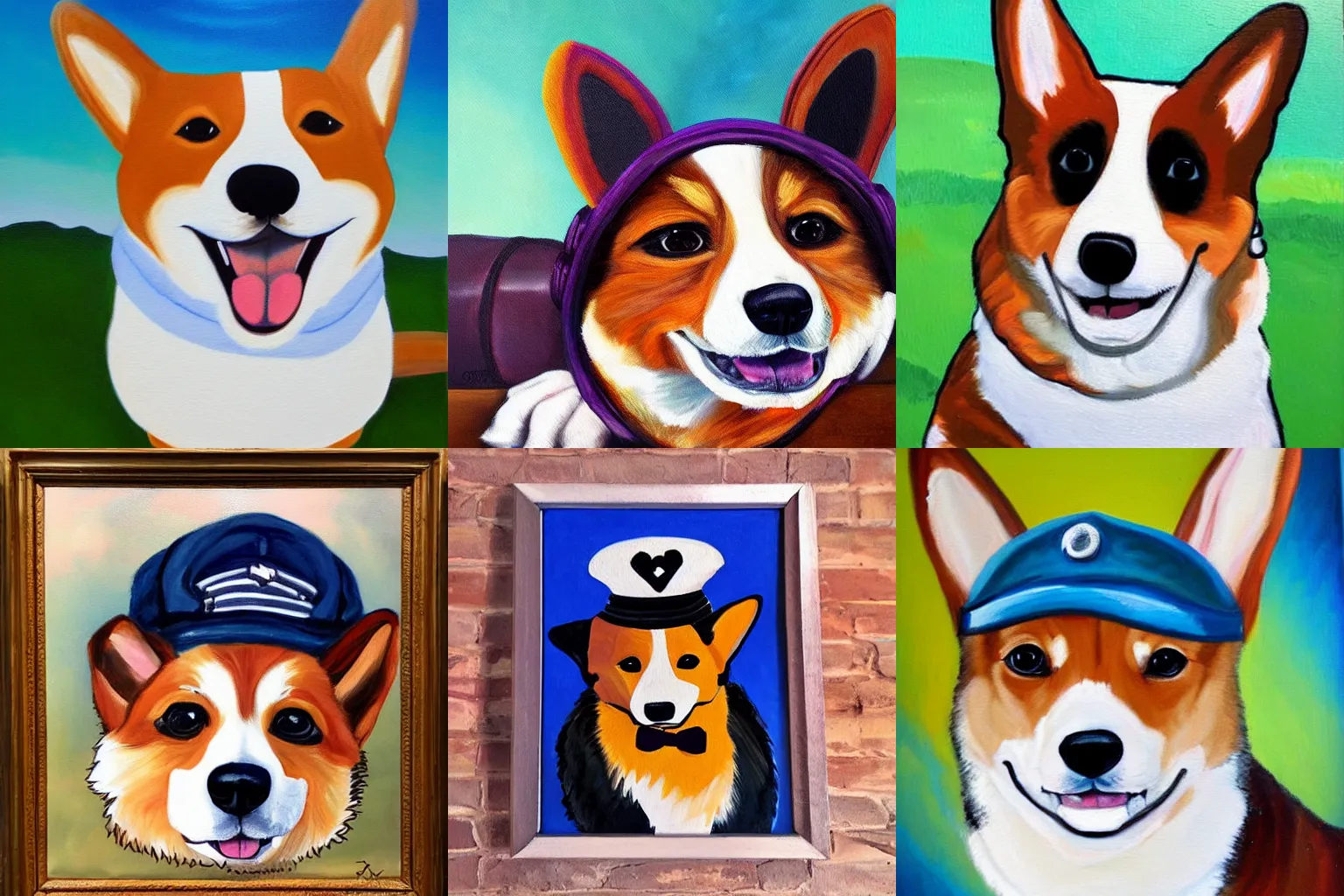Prompt: a painting of a corgi with an aviator hat