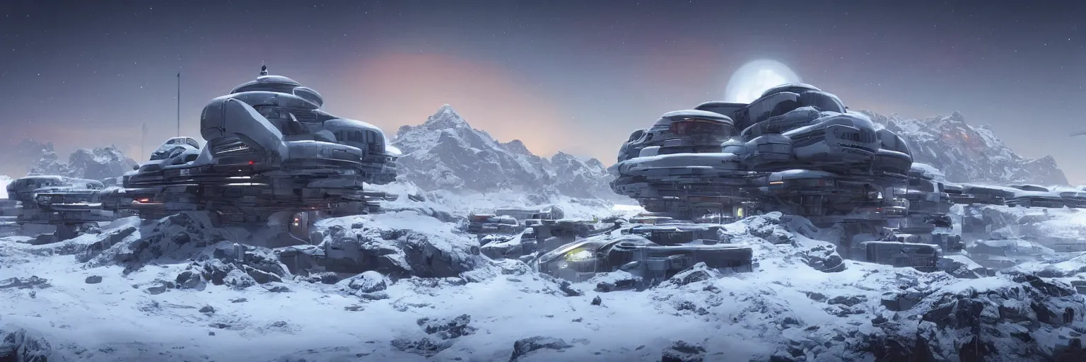 Prompt: “Concept art of a modern research outpost on a snowy mountain at sunset on an alien world, 2077 , 8k, star citizen, art station”