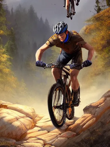 Image similar to handsome man riding a mountain bike in the wild. intricate, elegant, highly detailed, digital painting, artstation, cinematic shot, concept art, sharp focus, illustration, by justin gerard and artgerm, 8 k