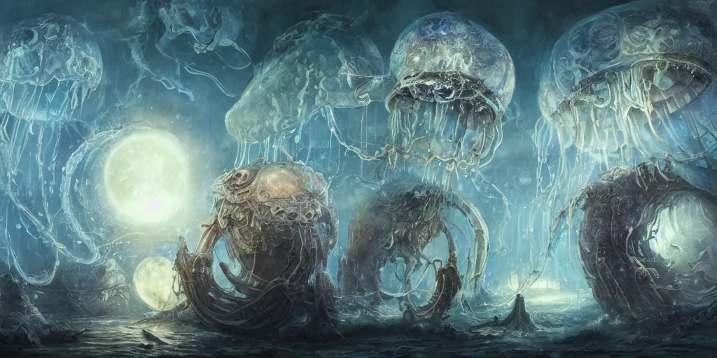 Image similar to concept art of giant translucent glowing jellyfishes, renaissance, divers helmet, lots of teeth, melting horror, round moon, rich clouds, fighting the horrors of the unknown, mirrors, very detailed, volumetric light, mist, grim, fine art, decaying, textured oil over canvas, epic fantasy art, very colorful, ornate, anato finnstark