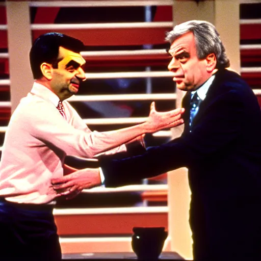 Image similar to mr. bean on the jerry springer show fighting with another guest. 3 5 mm film, movie still, tv show, talkshow