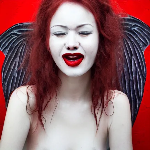 Prompt: detailed portrait woman’s face red hair fangs gargoyle wings