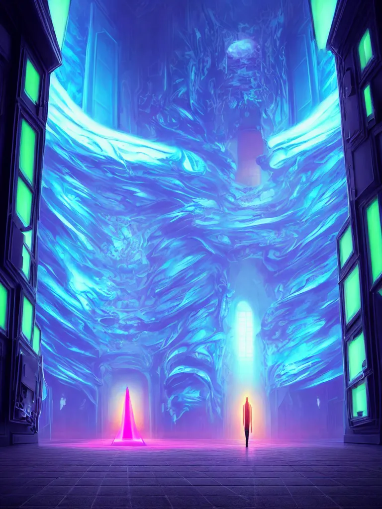 Prompt: entrance to ethereal realm, god waiting, octane render, central composition, symmetrical composition, dreamy colorful cyberpunk colors, 6 point perspective, fantasy landscape with anthropomorphic!!! terrain!!! in the styles of igor morski, jim warren, and rob gonsalves, intricate, hyperrealistic, volumetric lighting, neon ambiance, distinct horizon