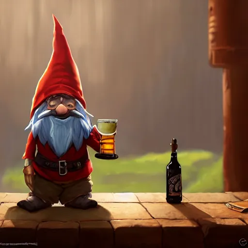 Prompt: A Gnome brewmaster inspecting the whiskey in his flask by Greg Rutkowski, 4k photorealistic, volumetric lighting, HD, high details, dramatic, trending on artstation