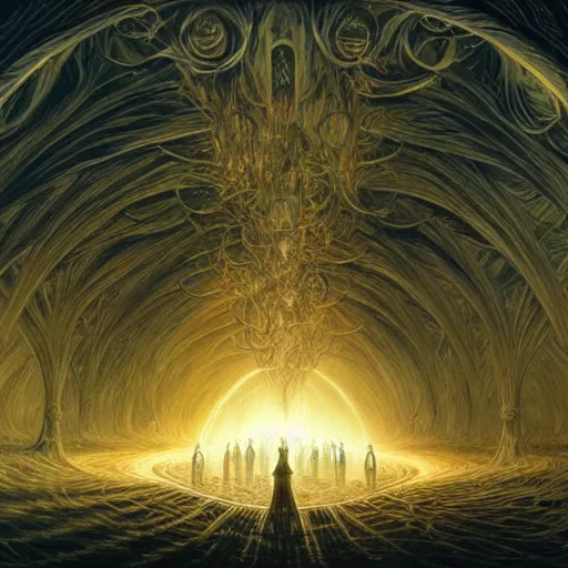 Image similar to a quantum computer surrounded by a dark cabal of multiple hooded elven mystics in long dark robes gathered in a circular formation, dan seagrave art, michael whelan, artstation, cgsociety, epic scifi fantasy art