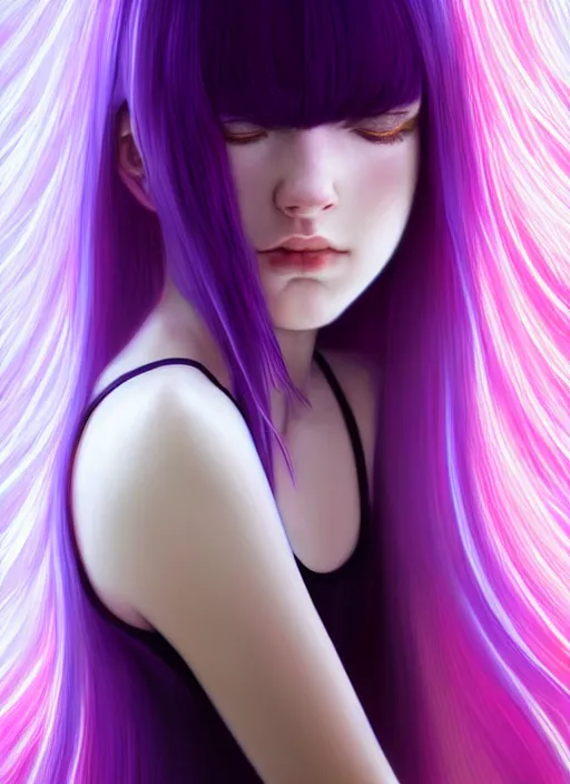 Image similar to hair whitebangs hair, black hair, whitebangs, portrait of teenage girl with white bangs, red irises, purple clothes, white bangs, bangs are different color from hair, intricate, elegant, glowing lights, highly detailed, digital painting, artstation, concept art, smooth, sharp focus, illustration, art by wlop, mars ravelo and greg rutkowski