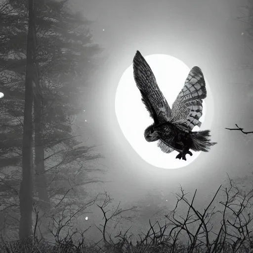 Image similar to huge owl with outstretched wings flapping flying at night through fog talons reaching for rabbit in the forest lit by the full moon fog moving through feathers