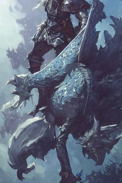 Image similar to Fantasy azure knight, moonlit, HD, illustration, epic, D&D, fantasy, intricate, elegant, highly detailed, digital painting, artstation, concept art, smooth, sharp focus, illustration, art by artgerm and greg rutkowski and alphonse mucha, monster hunter illustrations art book