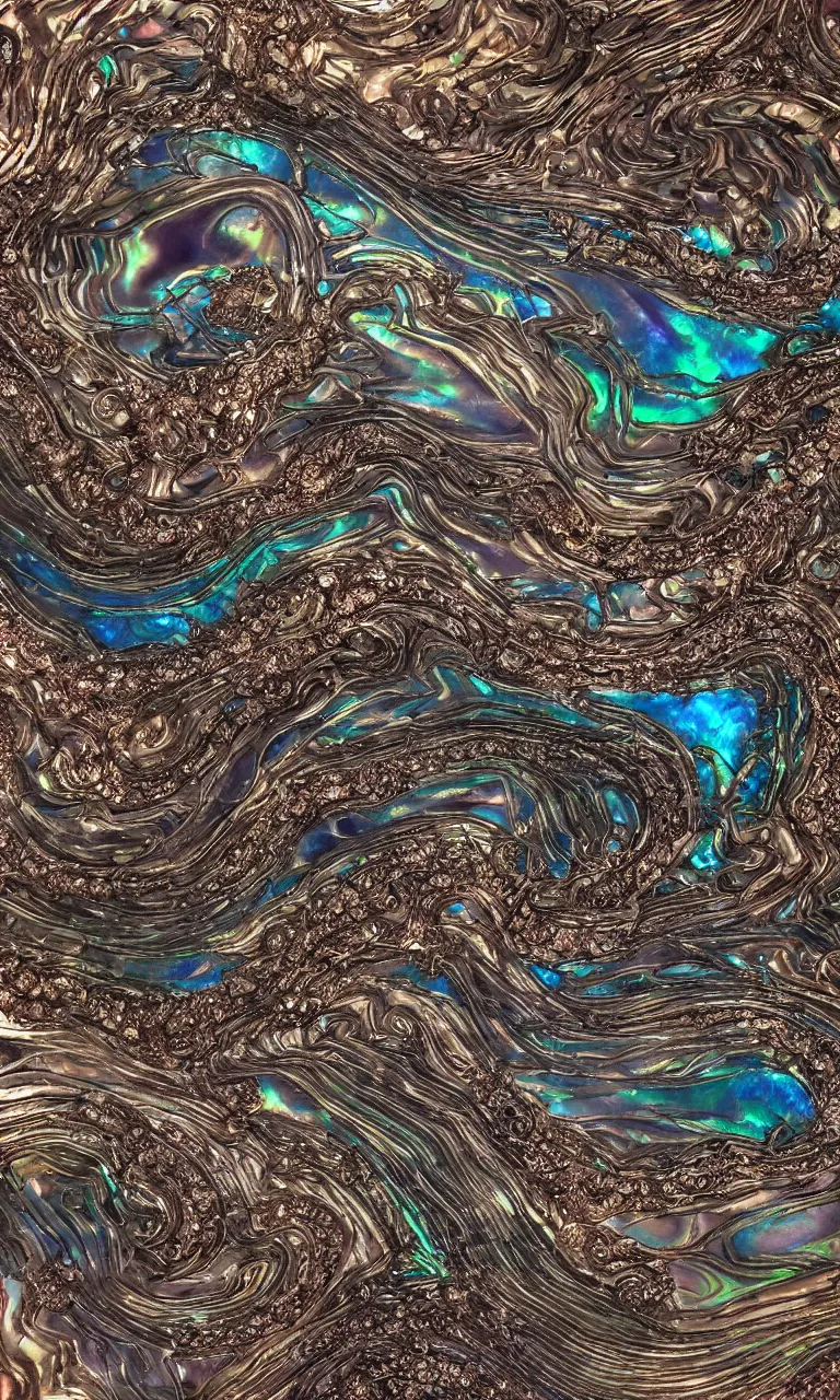 Image similar to Art Nouveau cresting oil slick waves, hyperdetailed bubbles in a shiny iridescent oil slick wave, black opal, abalone, paua shell, ornate copper patina medieval ornament, rococo, oganic rippling spirals, octane render, 8k 3D