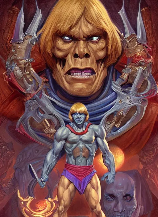 Prompt: portrait of He-man and Skeletor fused together in The Fly (1986), intricate, highly detailed, centered, digital painting, artstation, concept art, smooth, sharp focus, illustration, artgerm, donato giancola, Joseph Christian Leyendecker, WLOP, Artgerm