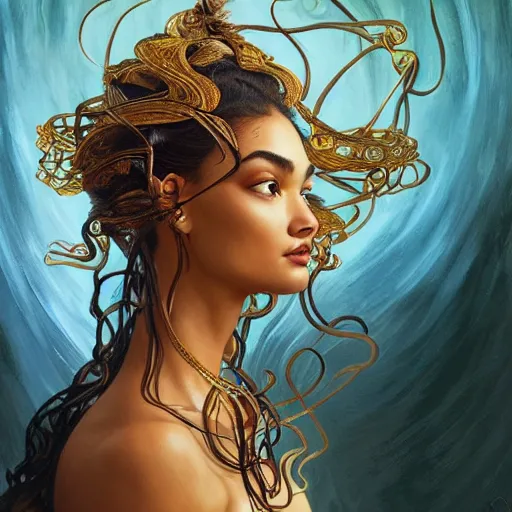 Image similar to Shanina Shaik as Medusa, greek goddess, intricate, elegant, highly detailed, digital painting, artstation, concept art, smooth, sharp focus, illustration, art by artgerm and greg rutkowski and alphonse mucha