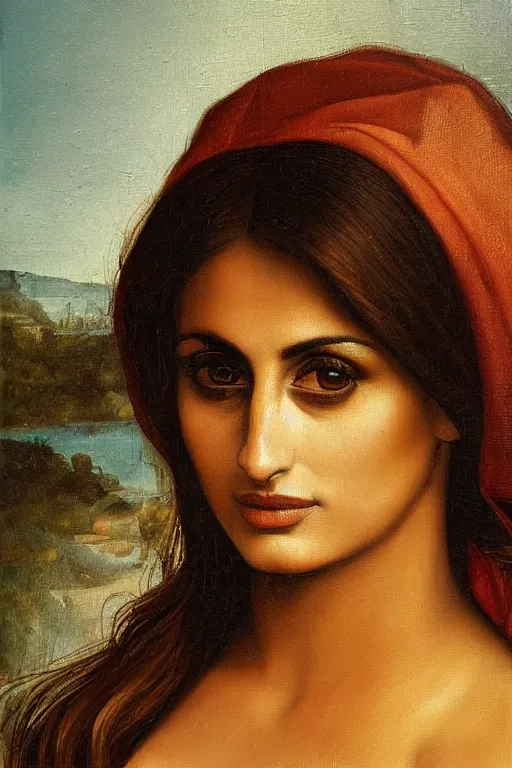 Image similar to oil painting, portrait of penelope cruz, artwork by leonardo da vinci