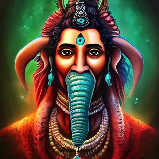 Image similar to lord shiva as dr. waldman, attaching an elephant head on a human body, vivid and colorful, cinematic, highly detailed, artstation