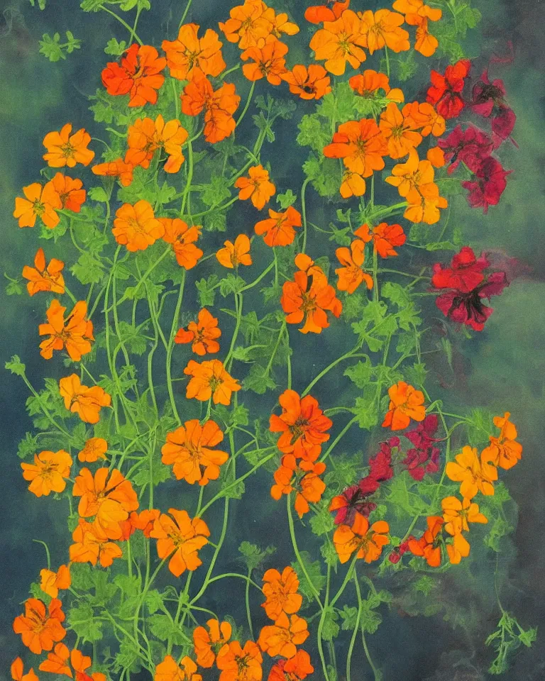 Prompt: fine painting of tropaeolum majus and multicolor smoke and dark flames.