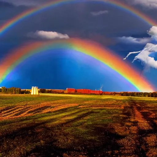 Image similar to A Masterpiece Landscape of a broken down nuclear power station, Nuclear blast imminent, nuclear reactor going critical. Rainbow Color Scheme