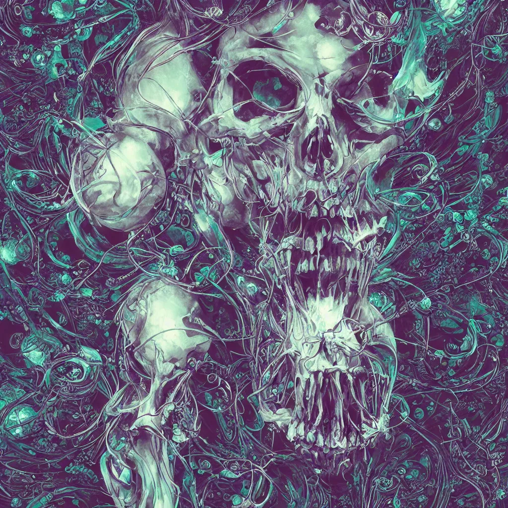 Prompt: close-up portrait goddess skull, thorax, x-ray, backbone, jellyfish phoenix head, nautilus, orchid, skull, betta fish, bioluminiscent creatures, intricate artwork by Tooth Wu and wlop and beeple. octane render, trending on artstation, greg rutkowski very coherent symmetrical artwork. cinematic, Triadic color scheme, hyper realism, high detail, black and white, octane render, 8k