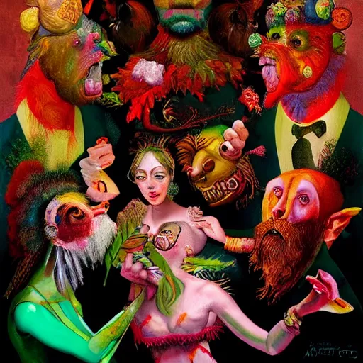 Image similar to young people in a fancy nightclub dancing and drinking, partylights, great colors, in the style of giuseppe arcimboldo, trending on artstation