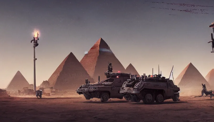 Image similar to a militarized police vehicle with mounted weapons riding through an orwellian egyptian town, ornate pyramids in the background, furious action scene, an epic fantasy, dramatic lighting, cinematic, establishing shot, extremely high detail, photorealistic, cinematic lighting, artstation, octane render, by simon stalenhag, horizon forbidden west