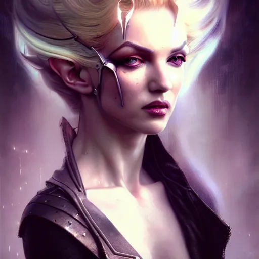 Image similar to portrait painting of a cyberpunk elven decker who looks like marilyn monroe, ultra realistic, concept art, intricate details, eerie, highly detailed, photorealistic, octane render, 8 k, unreal engine. art by artgerm and greg rutkowski and charlie bowater and magali villeneuve and alphonse mucha