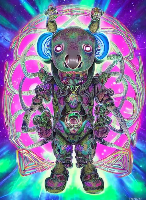 Prompt: a detailed digital art of a celtic knot oni demon koala mecha extraterrestrial wearing a raver outfit by lisa frank and cicely mary barker, taiyo matsumoto, myst, beeple, cgsociety, crisp, low angle shot