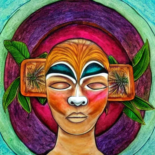 Image similar to Art in the style of Octavia Ocampo, Gaia, Mother Earth, side portrait, mask inside mask