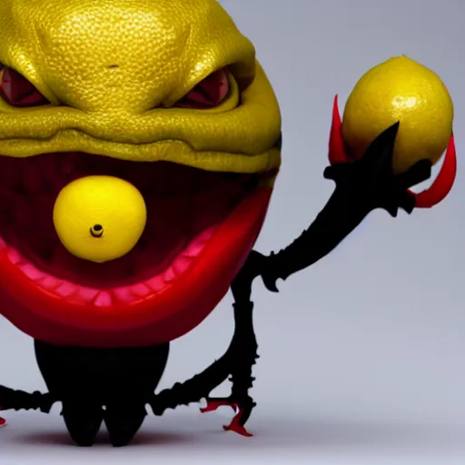 Prompt: realistic photo of a yellow lemon with an evil smile, sharp teeth, fully black slanted eyes and red demon horns, lemon demon