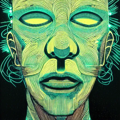 Image similar to 2 d neon teal circuit board background fused with an unknown deity with shards of light emitting outwards, black fine lines on teal, stanley donwood, victo ngai