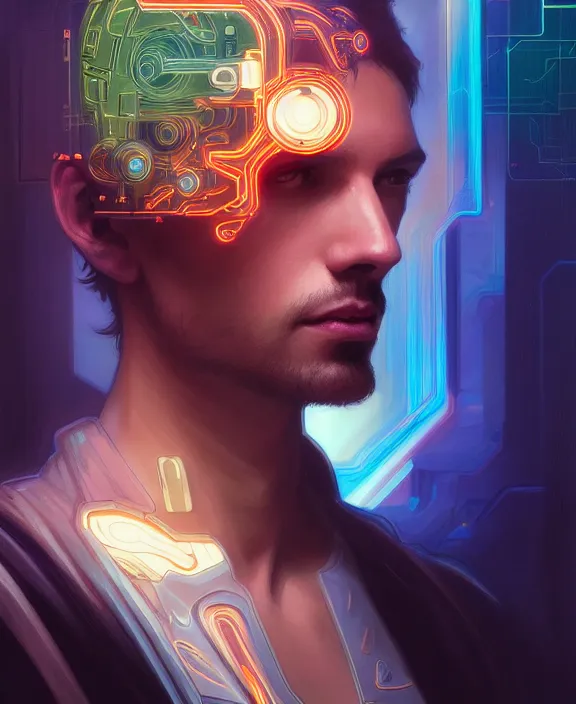 Image similar to a whirlwind inside the metaverse, guy, male, man, hologram, half body, neurochip, android, cyborg, cyberpunk face, by loish, d & d, fantasy, intricate, elegant, highly detailed, colorful, digital painting, artstation, concept art, art by artgerm and greg rutkowski and alphonse mucha