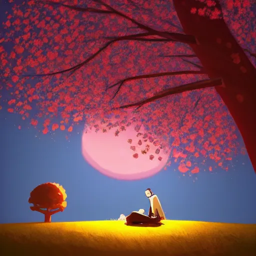 Prompt: Man sleeping under a sakura tree during a full moon by goro fujita, digital art