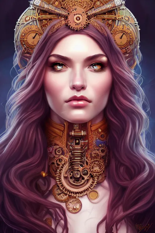 Prompt: portrait of the Goddess of Wisdom, elegant, intricate, steampunk, full frontal shot, highly detailed, digital painting, artstation, concept art, sharp focus, illustration, art by artgerm