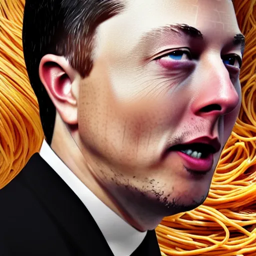 Prompt: digital art of anthropomorphic elon musk with spaghetti as hair photorealistic photoshop 4 k