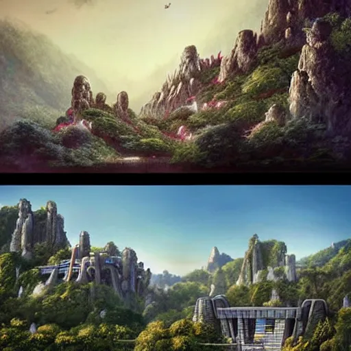 Prompt: Brutalist futuristic Japanese castle, valley of Eden at Dawn, amazing cinematic concept painting, by Jessica Rossier , Gleaming White, overlooking a valley, Himeji Rivendell Garden of Eden, wildflowers and grasses, terraced orchards and ponds, lush fertile fecund, fruit trees, birds in flight, animals wildlife, brian froud, Beksinski, HR Giger