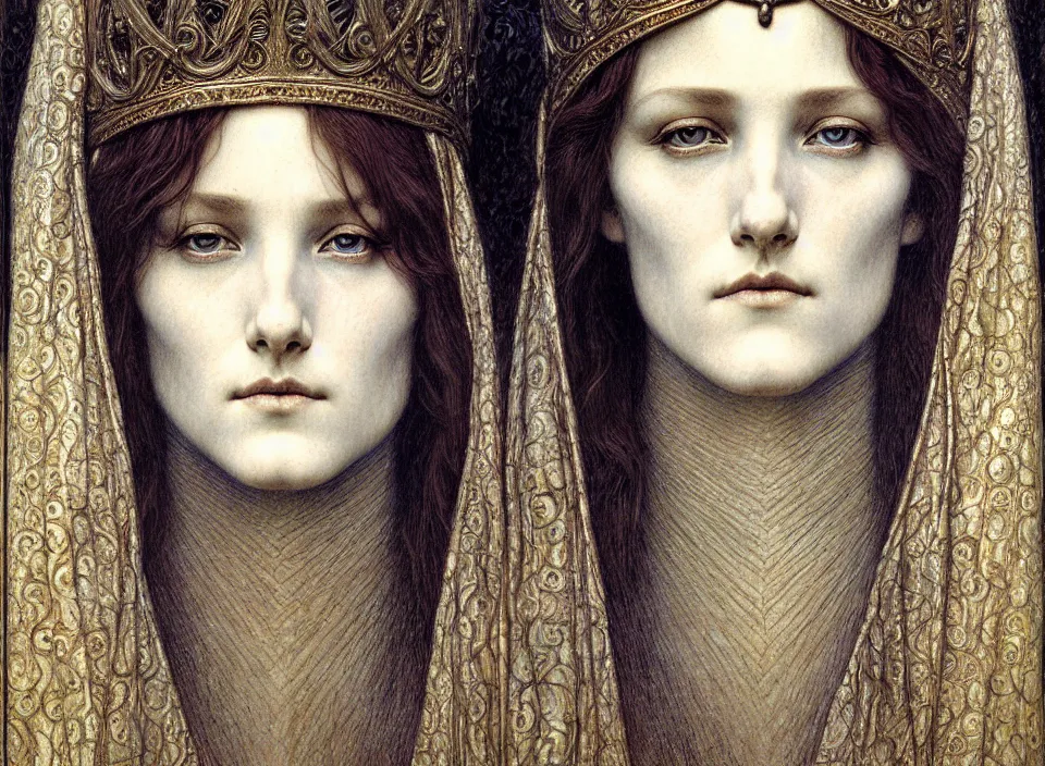 Image similar to detailed realistic beautiful young medieval queen face portrait by jean delville, gustave dore and marco mazzoni, art nouveau, symbolist, visionary, gothic, pre - raphaelite. horizontal symmetry