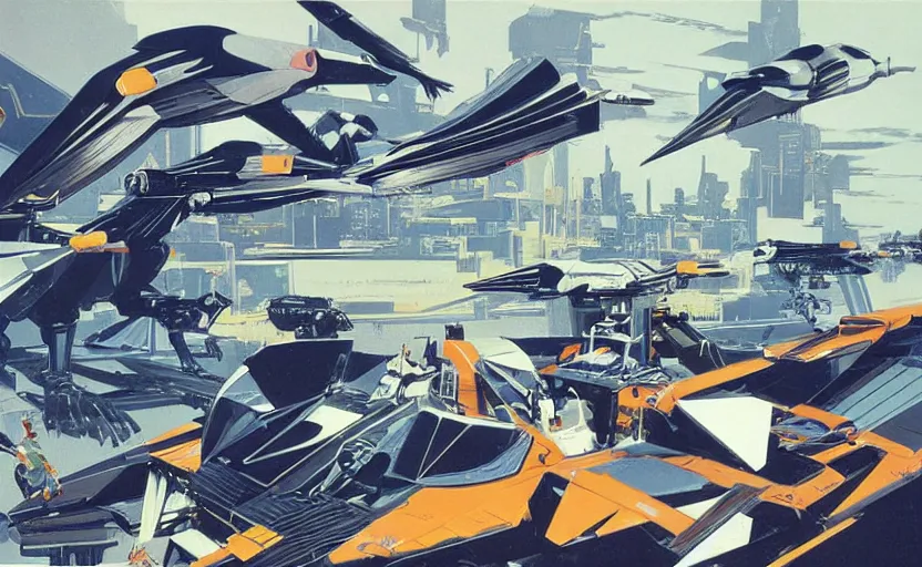 Image similar to way too many giant robot birds, art by syd mead, extremely detailed, high quality,