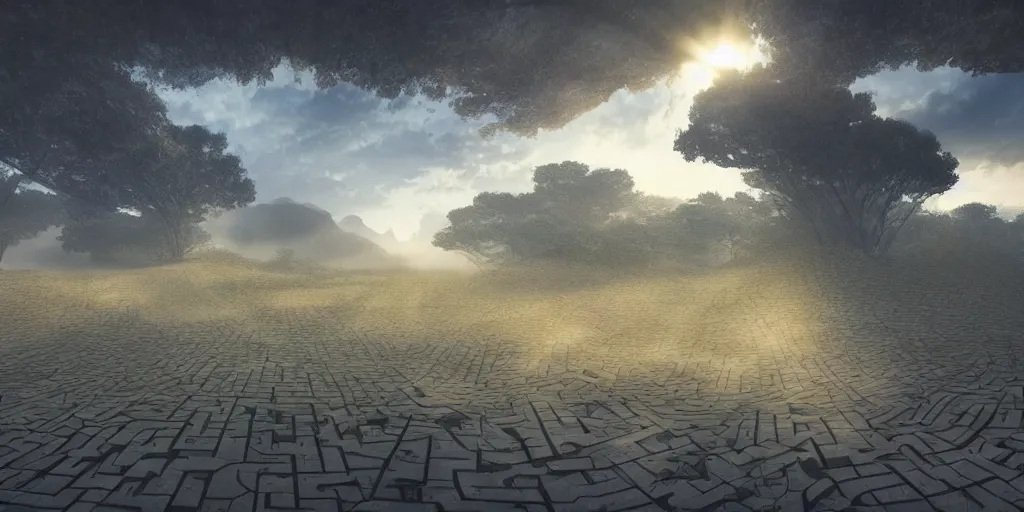 Prompt: the grand landscape of the endless maze, art by kotaro chiba, volumetric lighting