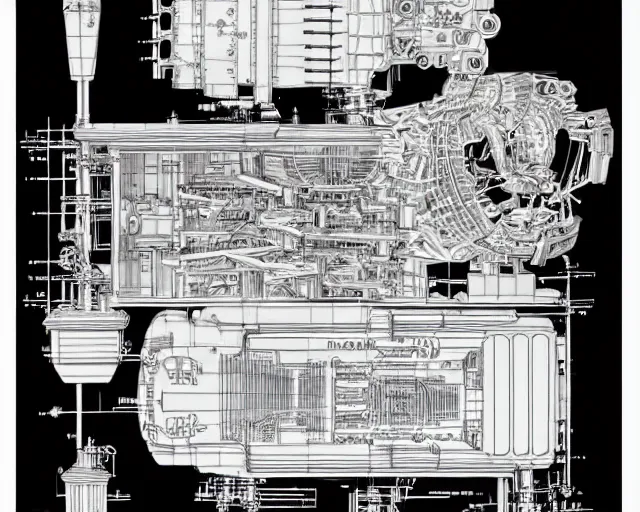 Prompt: a full page of a mechanical blueprint showing a cutaway design for a mechanized woman from howl's moving castle ( 2 0 0 4 ), with a big head, muted colors, post grunge, studio ghibli, hq,