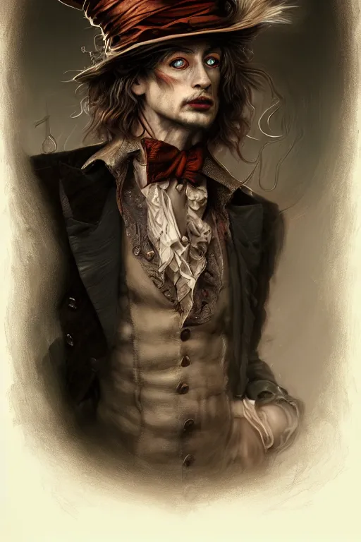 Prompt: mad hatter, portrait of young man, tavern, by wlop, by luis royo, by peter mohrbacher, concept art, digital illustration, intricate, masterpiece, elegant, super detailed, unreal engine rendering, smooth, sharp focus, artstation hq