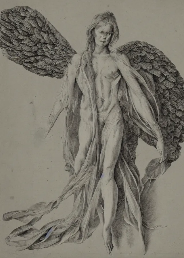 Image similar to a detailed biological illustration dissection of an angel