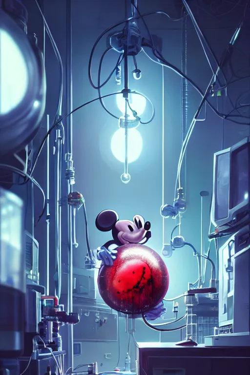 Image similar to mechanics scientist in lab facility looking at bloody mickey mouse head lifted by claw,, made by beeple, cgsociety, artgerm, greg rutkowski, highly detailed intricate 4 k art, low light cinematic, octane render, unreal engine, smooth concept art