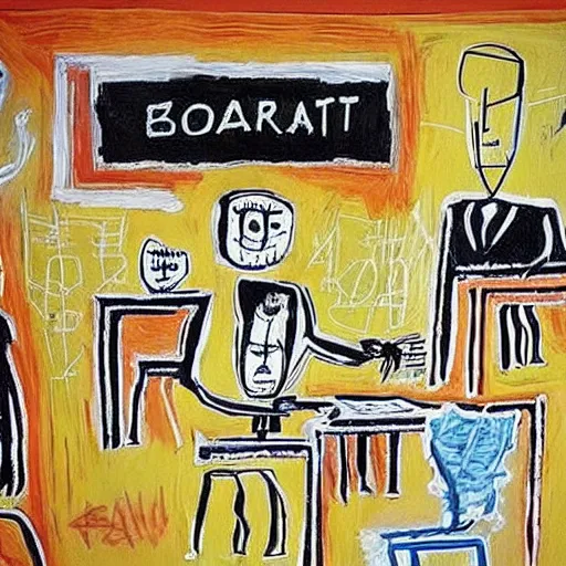 Image similar to “seal the deal, signing contracts in a corporate board room, by basquiat, very realistic, highly detailed”