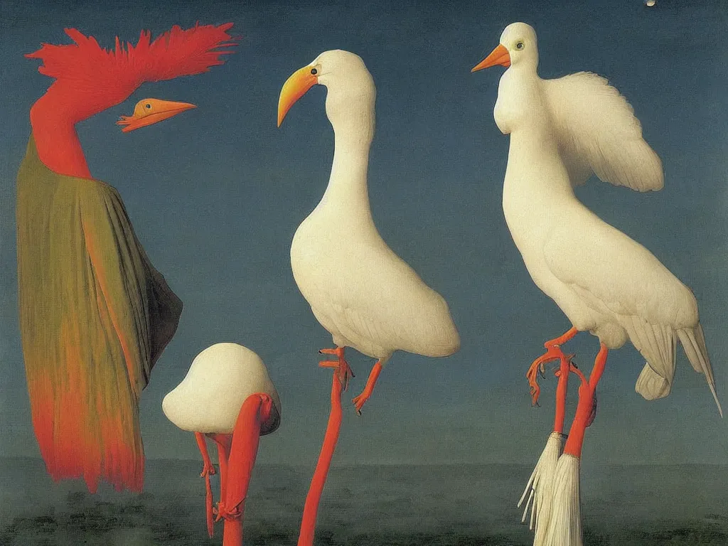 Prompt: albino mystic, with his back turned, looking in the distance at the night sky with stars over the ocean with beautiful exotic bird. Painting by Jan van Eyck, Audubon, Rene Magritte, Agnes Pelton, Max Ernst, Walton Ford