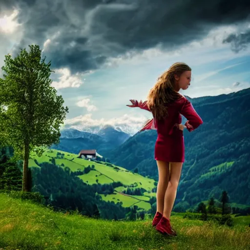 Prompt: a beautiful photograph of a girl with switzerland landscape in the background with trees, hdr, 8 k, high quality, sharp focus, artstation, highly detailed, award - winning, dramatic lighting, beautiful clouds, and nature