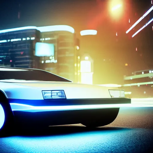 Prompt: deep perspective, the background is a cyber city sharp photorealistic octane render, bokeh in the background, a futuristic curvy neon delorean hover in the foreground,