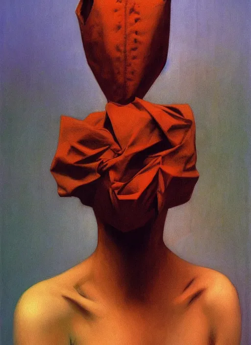 Image similar to woman with a paper bag over the head and a sward Edward Hopper and James Gilleard, Zdzislaw Beksinski, highly detailed