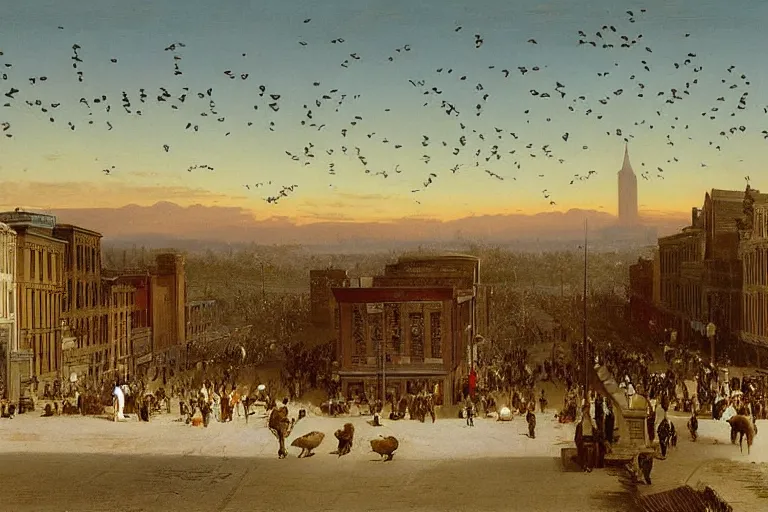 Image similar to birds looking down street of small but busy downtown midwestern town, 1 8 0 0 s, rule of thirds, matte painting, highly detailed, cinematic lighting, by albert bierstadt, frederic edwin church